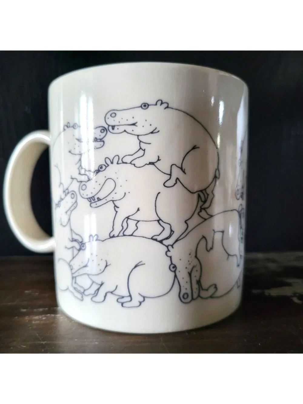 Taylor & Ng Naughty Hippos Mug White & Black Vintage 1970s Coffee Cup *Read
